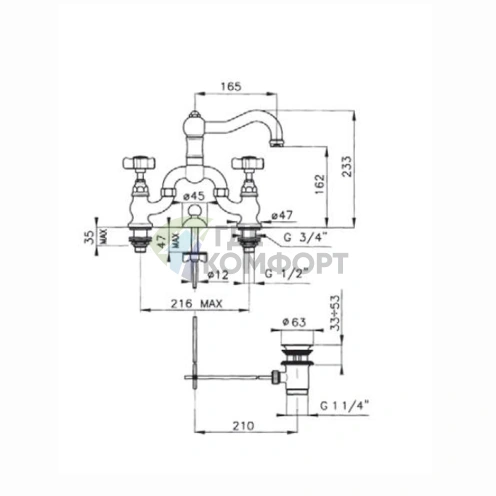 Смеситель для раковины Nicolazzi P.m. Blanc на 3 отверстия с донным клапаном, цвет тёмная бронза (1419DB78) - фото 2