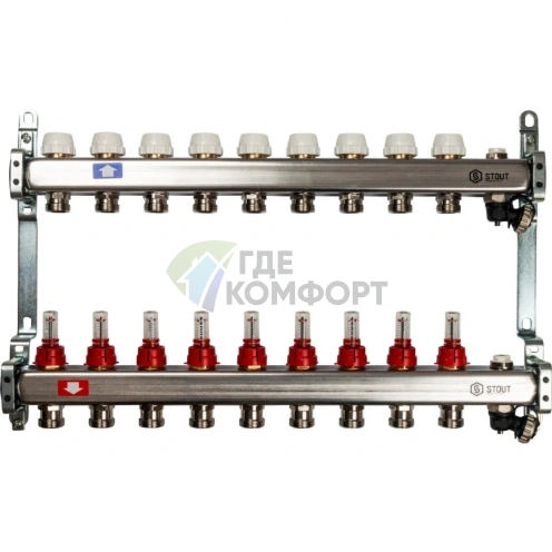 Коллекторная группа с запорными кранами из нержавеющей стали с расходомерами на 9 выходов STOUT - фото 2