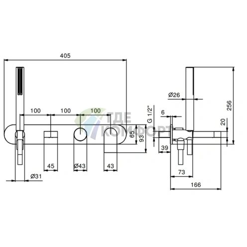 Смеситель для ванны Fantini Mare со встроенным ручным душем (51 02 V020B) - фото 2