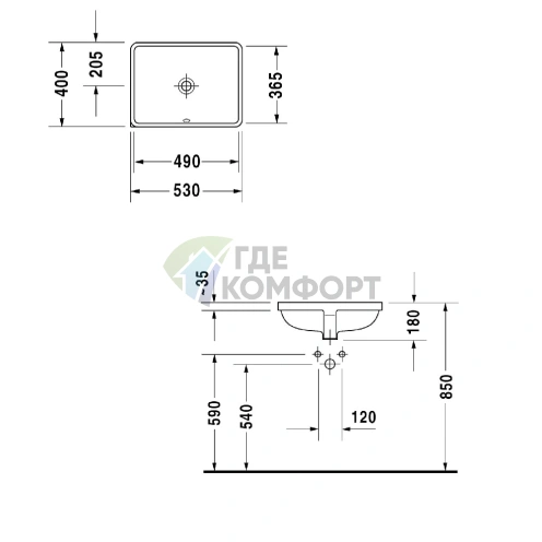 Встраиваемая раковина Duravit Starck 3 490x365 мм, белая, без отверстия под смеситель (305490000) - фото 5