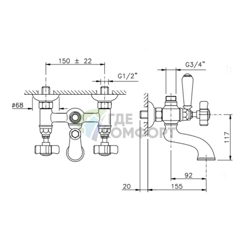 Смеситель для ванны Nicolazzi Dames Anglaises с верхним подключением душа и переключателем, цвет бронза (1400BZ18) - фото 2