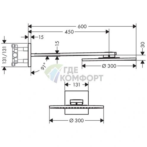 Верхний душ AX ShowerSolution 300 мм с держателем 450 мм, настенный, 2 струи, хром (35303000) - фото 2