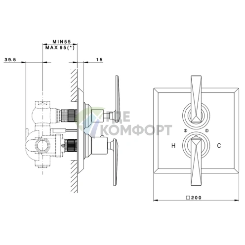 Термостатический модуль Nicolazzi для встраиваемых смесителей 3/4 с запорным вентилем, хром (4909CR28) - фото 2