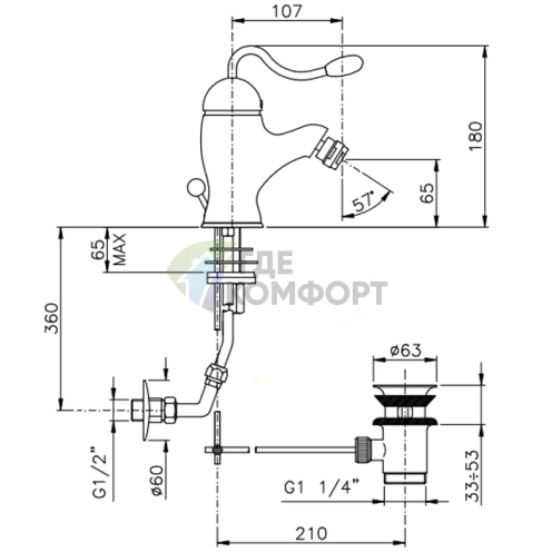 Смеситель для биде Nicolazzi Signal: одно отверстие, донный клапан, хром (3403CR20) - фото 2