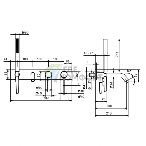 Встраиваемый смеситель Fantini Nostromo для ванны с ручным душем и изливом 200 мм (хром) (50 02 E821B) - фото 2