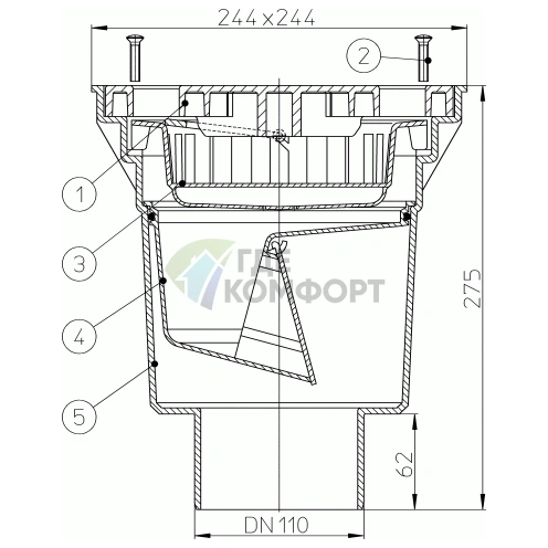 Трап HL606L с пластиковой решеткой 226x226 мм-незамерзающим запахозапирающим устройством и вертикальным выпуском DN110 или DN60 - фото 3