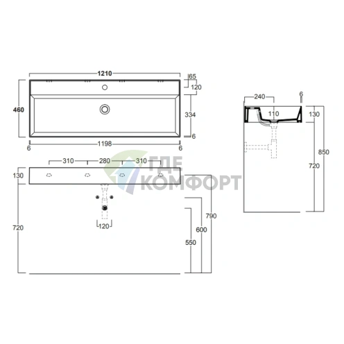 Раковина SIMAS AGILE 1210×460 см без отверстия для смесителя, цвет nero matt - фото 2
