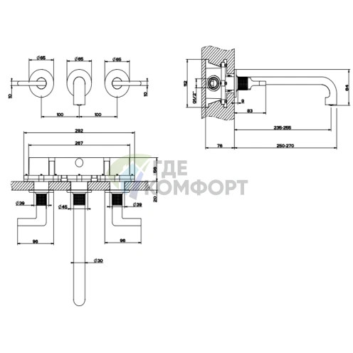 GESSI INCISO Встраиваемый смеситель для раковины на 3 отверстия, излив 255-235 мм, хром (58092#031) - фото 2