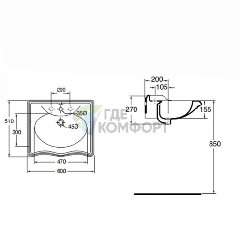 AZZURRA JUBILAEUM раковина со спинкой 60*51см с 1 отв под смеситель, цвет белый - фото 2