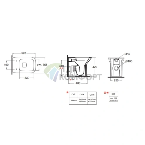 Унитаз напольный приставной AZZURRA PRUA безободковый, 55x35 см, универсальный слив, белый (PRU100 E/TR bi)) - фото 2