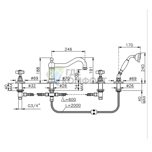 Смеситель для ванны Nicolazzi Half Dome с изливом и ручным душем (1449CR70) - фото 2