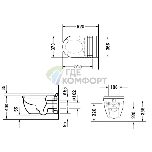 Унитаз подвесной DURAVIT Starck 3 с системой крепления Durafix, вертикальным смывом и покрытием WonderGliss, белый (22260900001) - фото 2