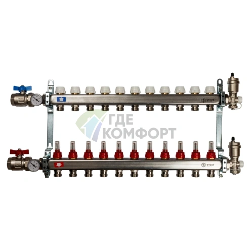 Коллекторная группа в сборе из нержавеющей стали с расходомерами на 11 выходов STOUT - фото 1