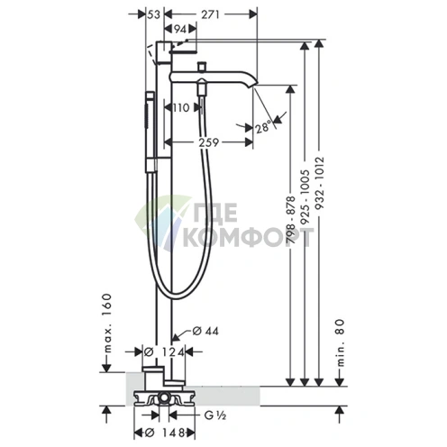 Смеситель для ванны AX Uno: однорычажный напольный с ручным душем в цвете шлифованный никель (38442820) - фото 2
