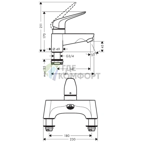 Смеситель Hansgrohe Novus для установки на борт ванны с коротким изливом (71043000) - фото 2
