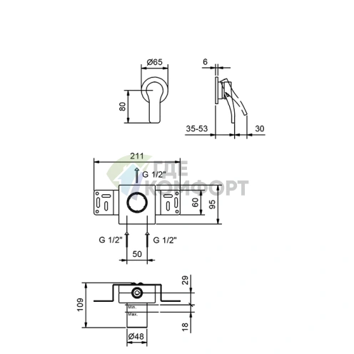 Смеситель для душа встраиваемый настенный Fantini AL/23 хром (26 02 B863B) - фото 2