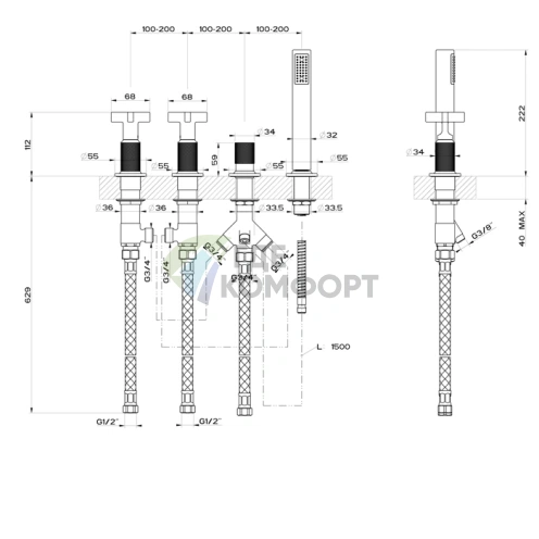 Смеситель для ванны GESSI INCOSO с ручным душем и переключателем потоков, цвет Black XL (58143#299) - фото 2
