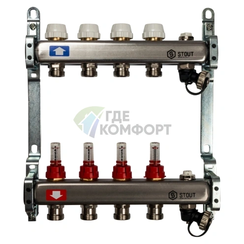 Коллекторная группа с запорными кранами из нержавеющей стали с расходомерами на 4 выхода STOUT - фото 1