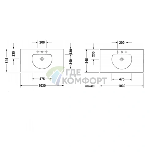 Раковина Duravit Darling New для мебели с 3 отверстиями под смеситель 1030x545мм Белый (499100030) - фото 2