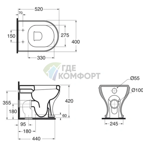 Унитаз напольный AZZURRA CHARME 52x40 см с универсальным сливом и креплением VVF, белый (CHVCTT000000BI) - фото 2