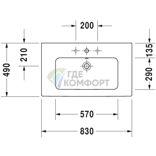 Раковина Duravit ME by Starck встраиваемая в мебель, 830x490 мм, белая, с 3 отверстиями под смеситель (2336830030) - фото 2