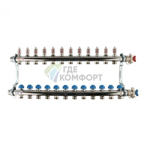 Коллекторная группа REHAU HKV-D на 12 выходов (РЕХАУ - 12081211002)1x3/4ЕК из нержавеющей стали с регулирующими и термостатическими вентилями и расходомерами - фото 1