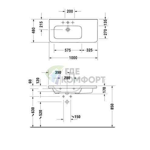 Стильная асимметричная раковина Duravit DuraStyle для мебели без перелива с тремя отверстиями под смеситель (2325100044) - фото 2