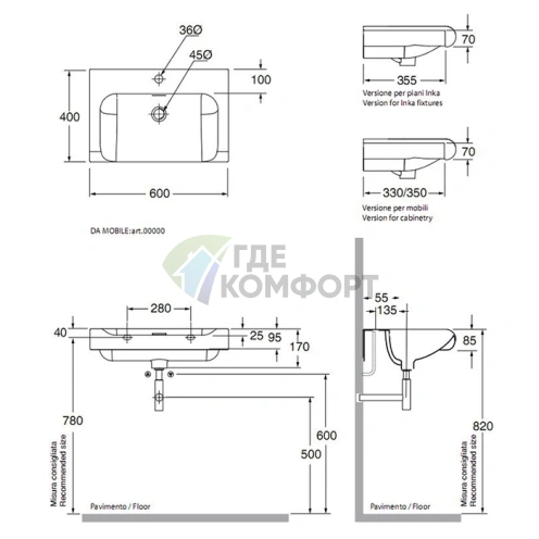 Раковина KERASAN Inka 60 см чёрная матовая с отверстием под смеситель (341131*1) - фото 2