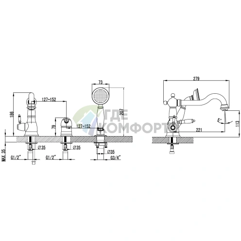 Смеситель для ванны Lemark Villa LM4845B с установкой на борт - фото 2