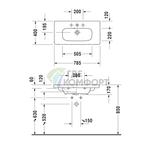 Раковина Duravit DuraStyle встраиваемая компактная 785x400 мм, белая, с 3 отв. под смеситель (2337780030) - фото 2
