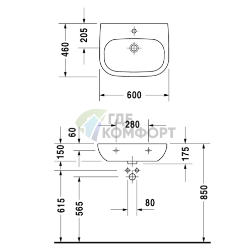 Медицинская раковина Duravit D-Code 600x460мм без перелива и отверстия, белая (23116000702) - фото 2