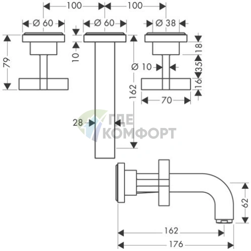 Встраиваемый смеситель AX Citterio для раковины на 3 отверстия, с розетками и донным клапаном, хром (39313000) - фото 2