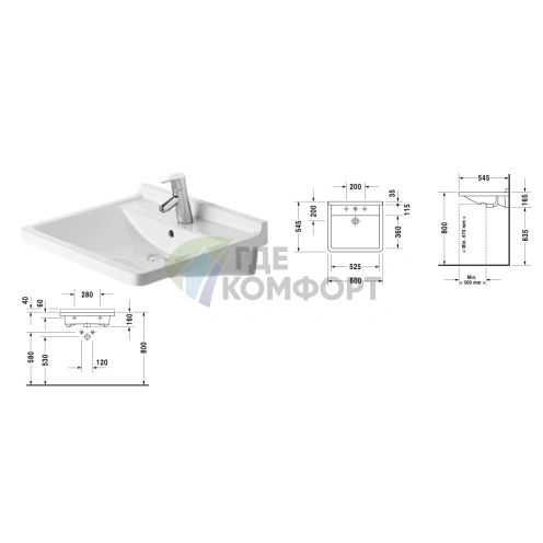 Раковина Duravit Starck III белая с переливом, 1 отверстие под смеситель, 600x505 мм (309600000) - фото 2
