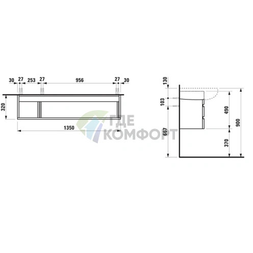 Тумба под раковину Laufen Alessi One, 1350×320×490 мм, 2 ящика, белый глянец (4.2436.0.097.631.1) - фото 2