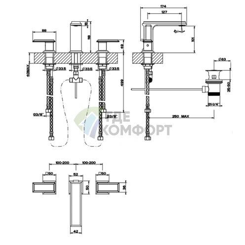 Смеситель для раковины Gessi Eleganza трехдырковый с донным клапаном в хромированном исполнении (46012#031) - фото 2