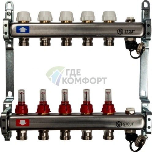 Коллекторная группа с запорными кранами из нержавеющей стали с расходомерами на 5 выходов STOUT - фото 2