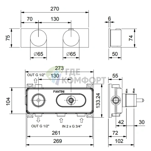 Термостатический смеситель FANTINI AF/21 для встраивания с переключателем и отделкой матовая натуральная сталь (27 93 A972B) - фото 2
