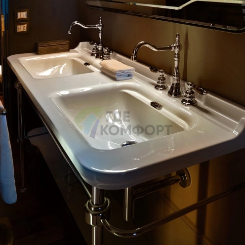 Двойная керамическая раковина Kerasan Waldorf 150×55 см, белая, с 3 отверстиями под смеситель (4143K1bi/cr*3) - фото 4