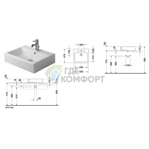 Раковина Vero Duravit 500x470 белая шлифованная с переливом и глазурованной стенкой (452500060) - фото 2