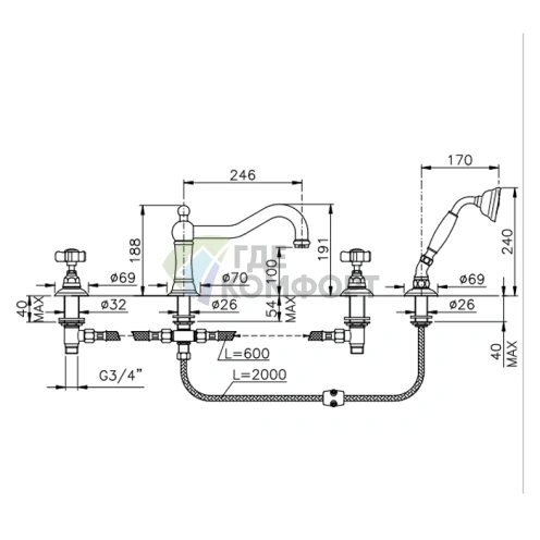 Смеситель для ванны Nicolazzi Dames Anglaises с ручным душем, 4-отверстный, хром (1449CR18) - фото 2