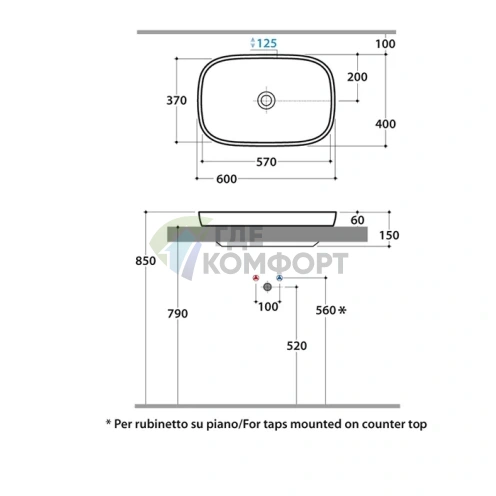 Раковина Globo Genesis 60x40 см для верхнего монтажа, белая фото 2
