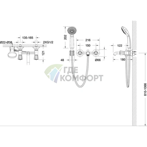 Смеситель для ванны с душем Bravat Duo F6133186CP-B-RUS в цвете шампань - фото 4