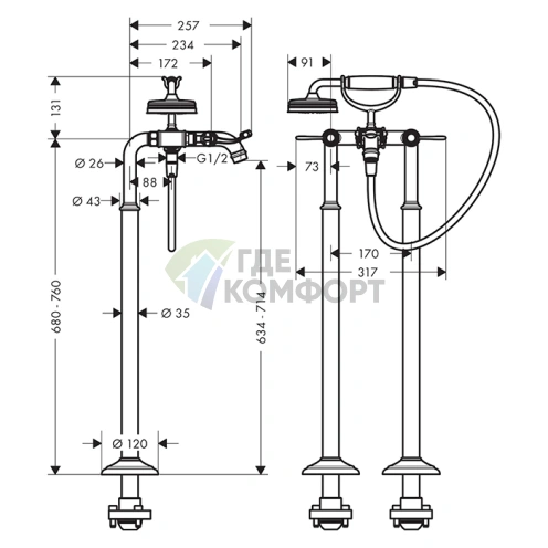 Напольный смеситель для ванны AX Montreux в патинированной меди (16553950) - фото 2
