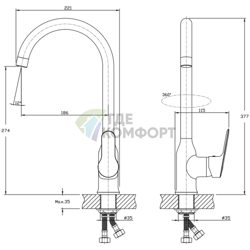 Смеситель для кухни Rush Crete CR3535-23 с поворотным изливом - фото 2