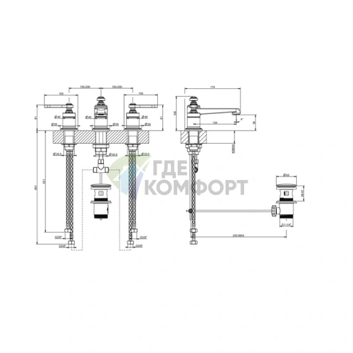 Смеситель для раковины GESSI VENTI20 на 3 отверстия с донным клапаном, хром (65011#031) - фото 2