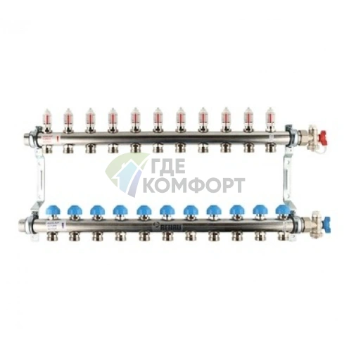 Коллекторная группа REHAU HKV-D на 11 выходов (РЕХАУ - 12081111002)1x3/4ЕК из нержавеющей стали с регулирующими и термостатическими вентилями и расходомерами - фото 1