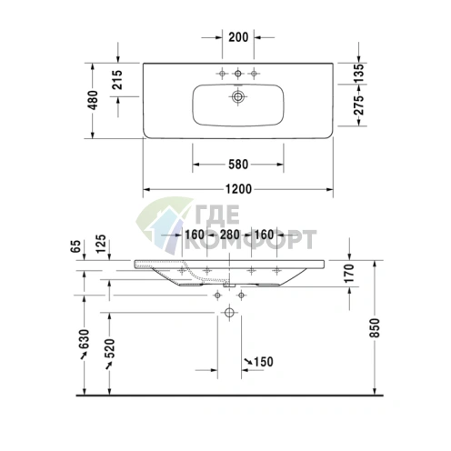 Раковина Duravit DuraStyle 1200x480 мм для мебели без перелива, белая (2320120041) - фото 4