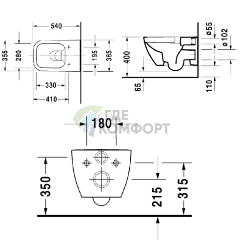 Унитаз подвесной Duravit Happy D.2 безободковый — 540х365 мм, комплект крепления, белый (2222090000) - фото 2