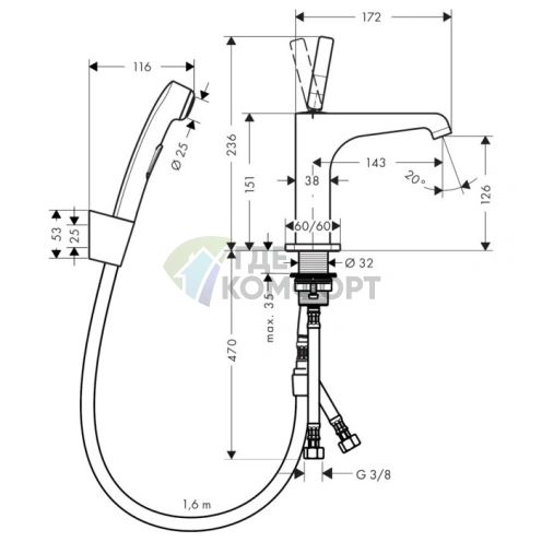 Смеситель для раковины AX Citterio E с гигиеническим душем и функцией биде, хром (36130000) - фото 2