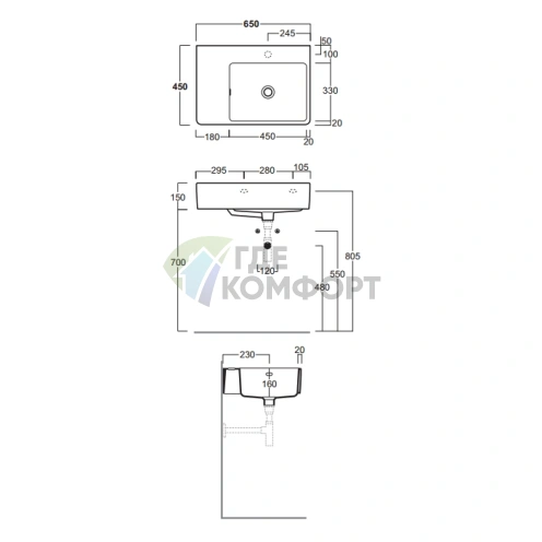 Накладная раковина SIMAS Top 65×45 см (правое отверстие, белый) - фото 2